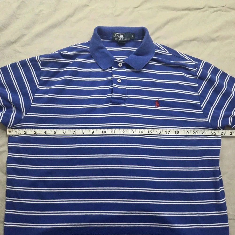 Polo Ralph Lauren Striped Polo Shirt Mens L Blue White‎ Pony Logo Short Sleeve